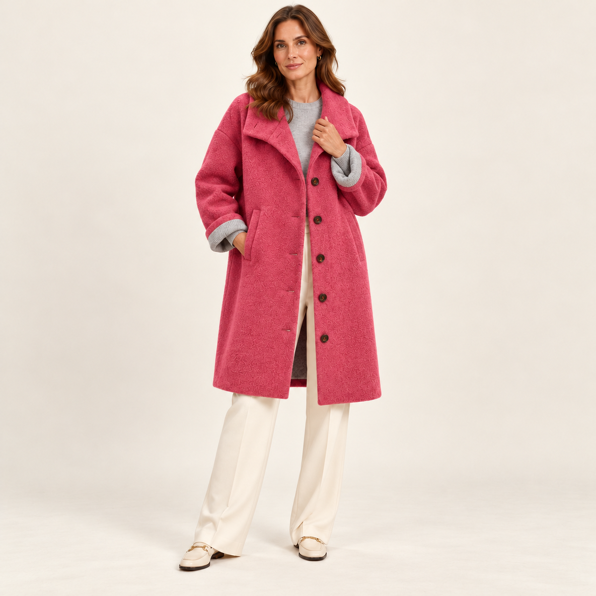 Harevi women's polo collar winter coat - Dark Pink - front view on model