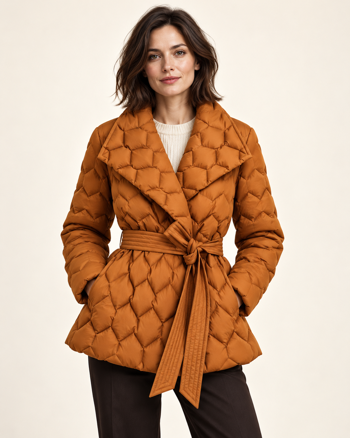 Women's puffer coat in Amber, front view on model
