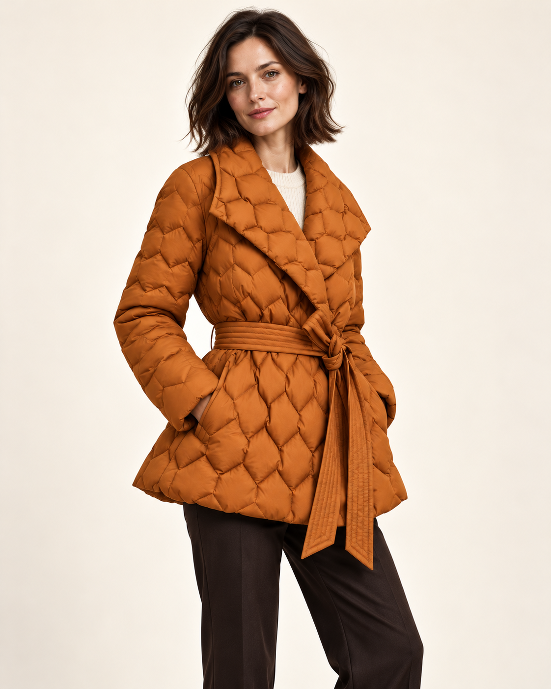 Women's puffer coat in Amber, three-quarter view