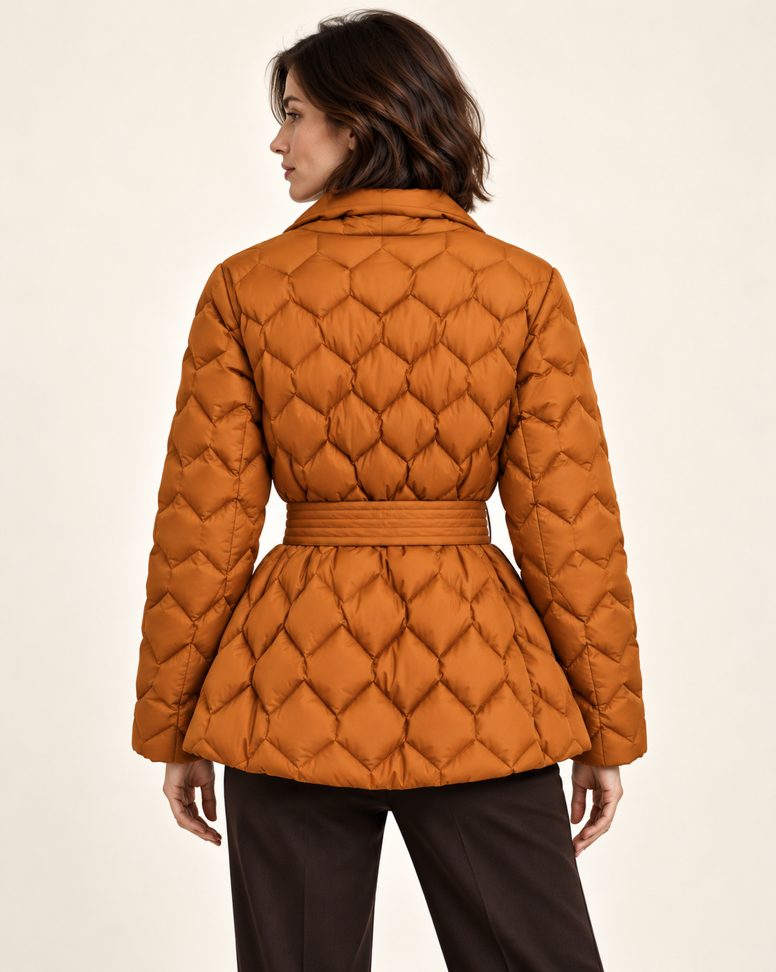 Women's puffer coat in Amber, back view