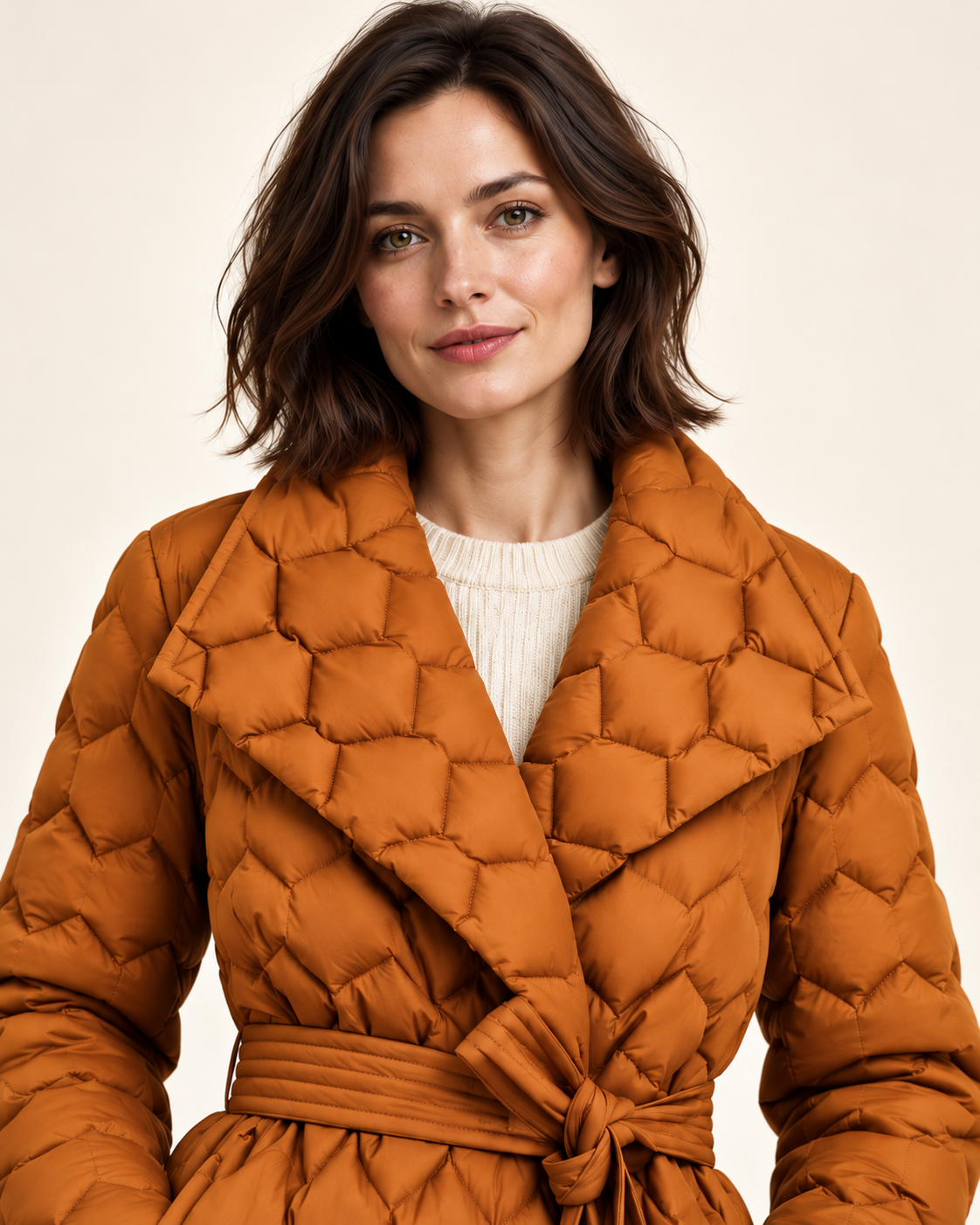 Women's puffer coat in Amber, chest-up close-up