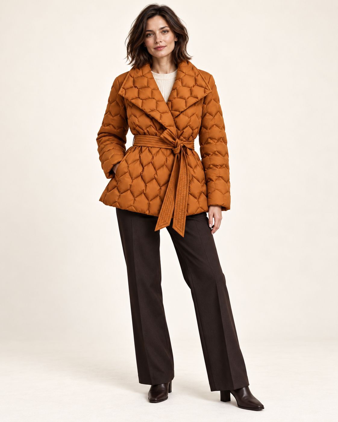 Women's puffer coat in Amber, styling shot