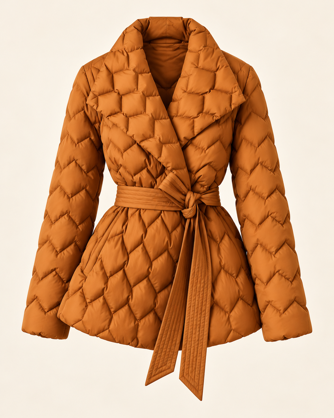 Women's puffer coat in Amber, ghost mannequin front view