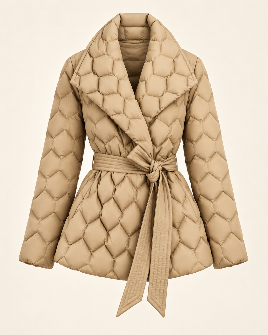 Women's puffer coat in Beige, ghost mannequin front view