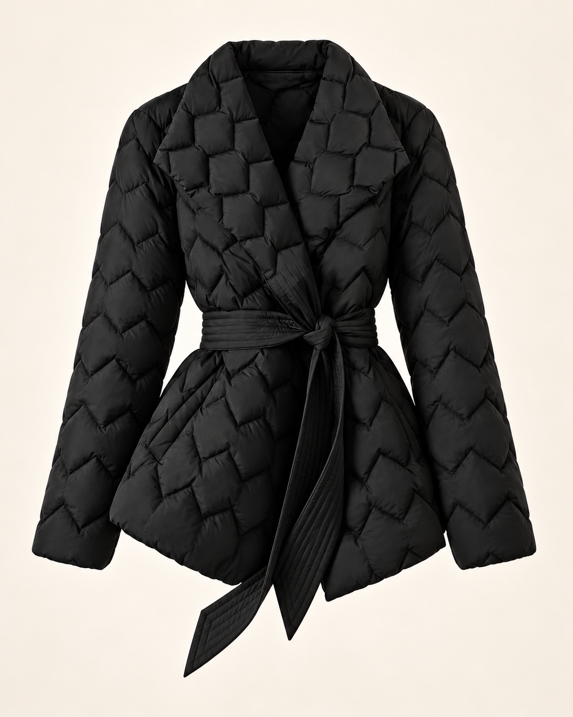Women's puffer coat in Black, ghost mannequin front view