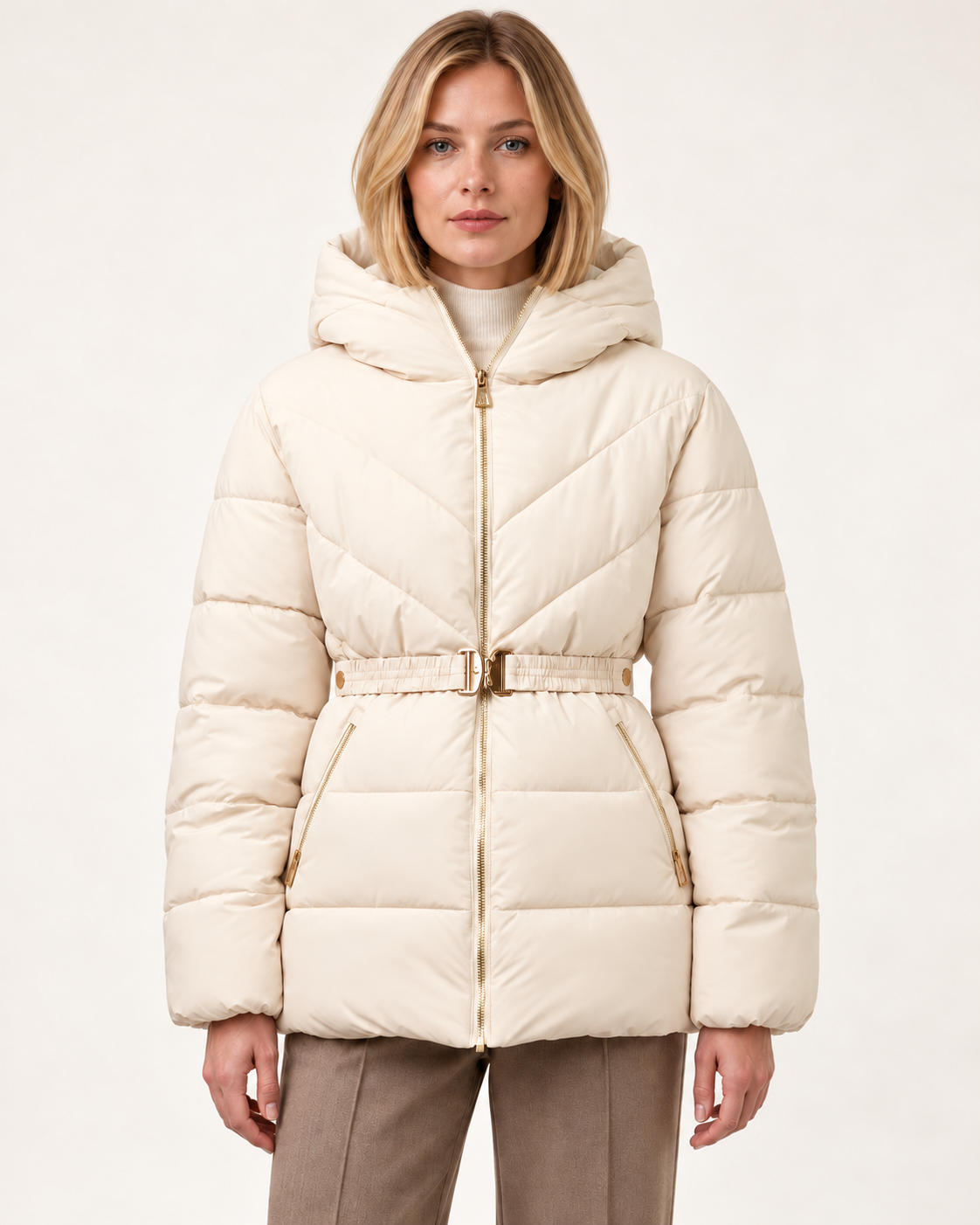 Women's belted puffer jacket in Pearl White, front view on model