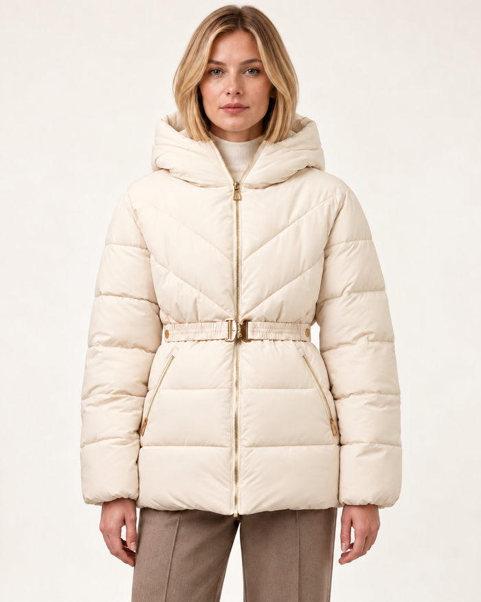Women's belted puffer jacket in Pearl White, front view on model