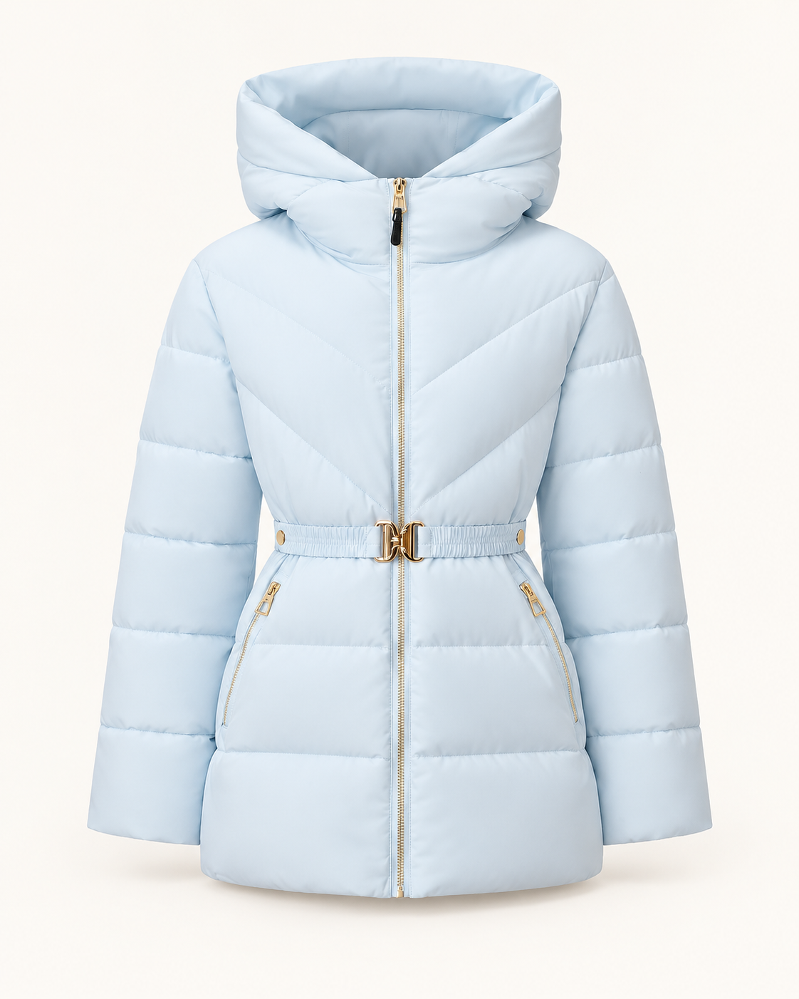 Women's belted puffer jacket in Ice Blue, ghost mannequin front view