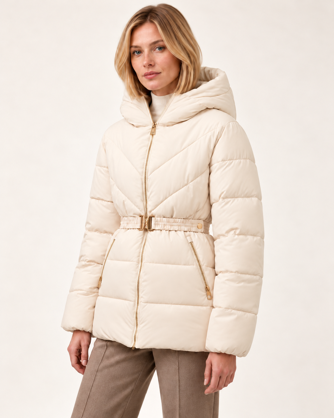 Women's belted puffer jacket in Pearl White, three-quarter view