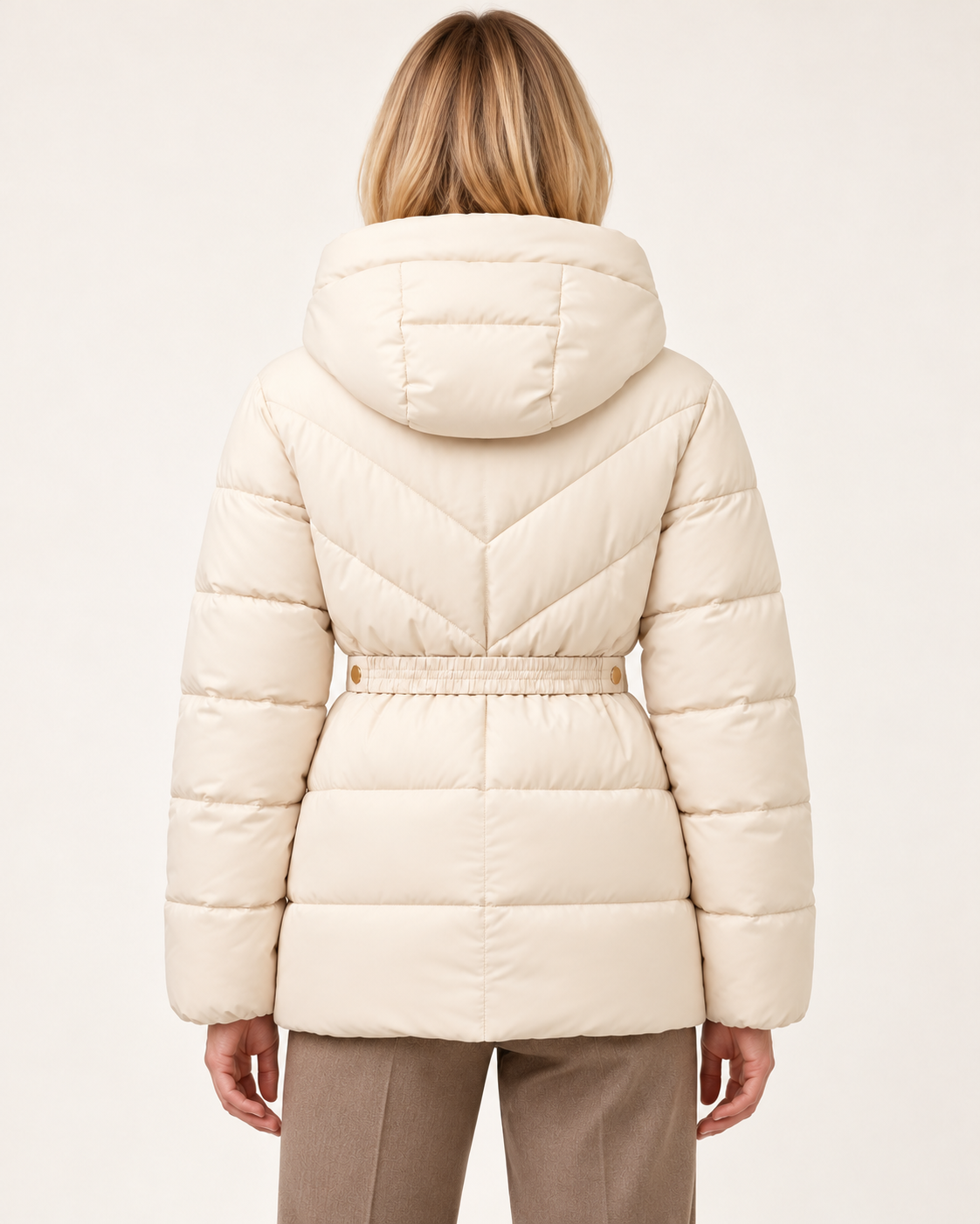 Women's belted puffer jacket in Pearl White, back view