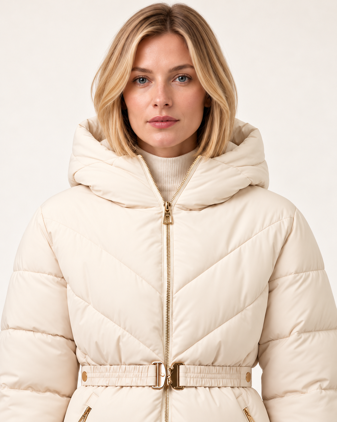 Women's belted puffer jacket in Pearl White, chest-up close-up
