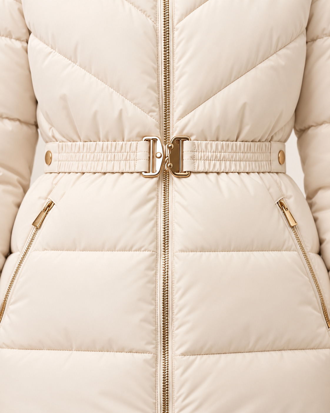 Women's belted puffer jacket in Pearl White, belt detail
