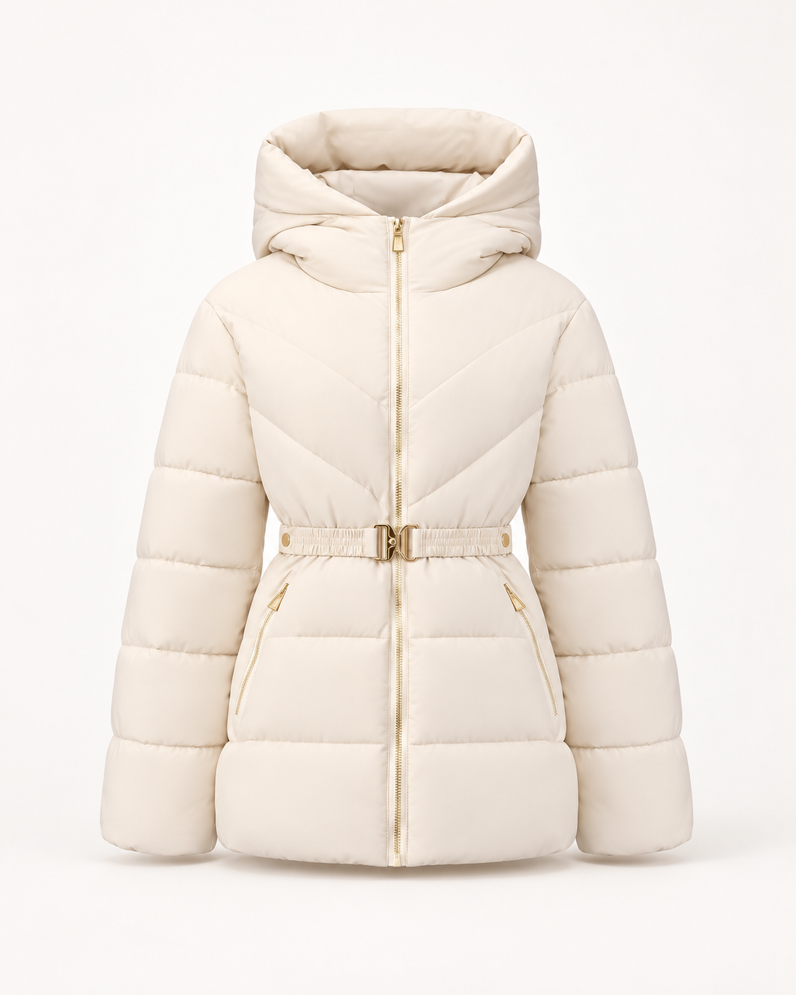 Women's belted puffer jacket in Pearl White, ghost mannequin front view