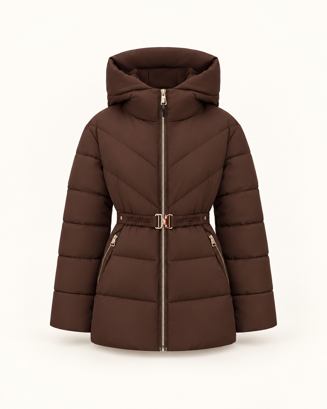 Women's belted puffer jacket in Mocha, ghost mannequin front view