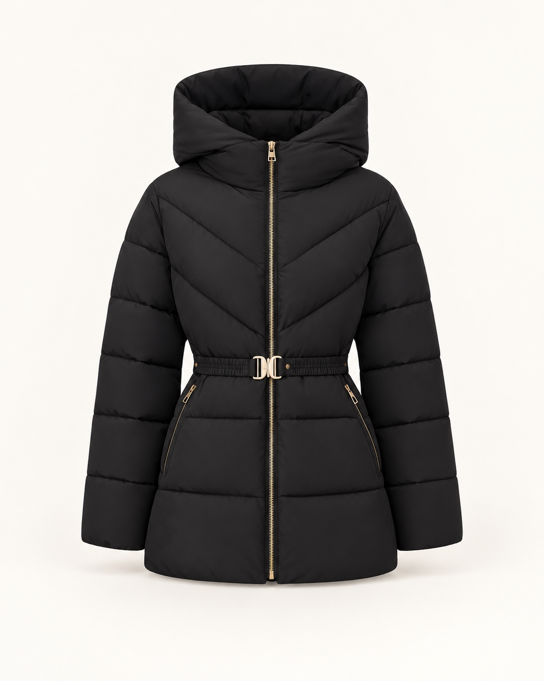 Women's belted puffer jacket in Black, ghost mannequin front view