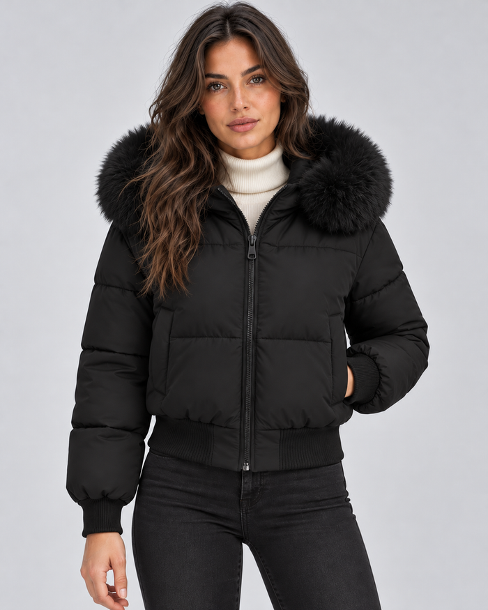 Women's Puffer Jacket - Faux Fur Collar Padded Winter Coat Zip Front