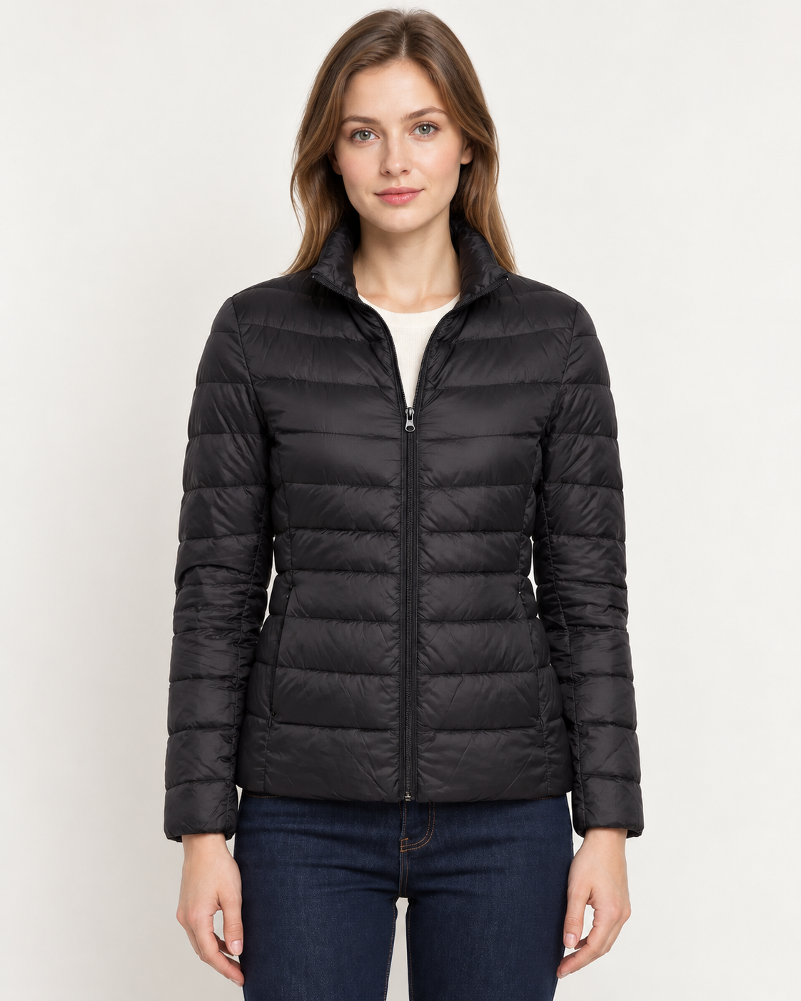 Women's Puffer Jacket - Fitted Quilted Stand Collar Lightweight Padded