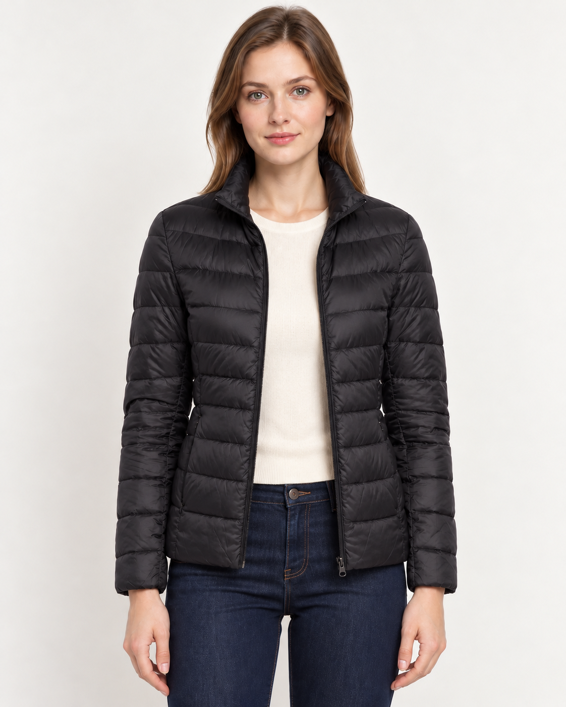 Women's Puffer Jacket - Fitted Quilted Stand Collar Lightweight Padded