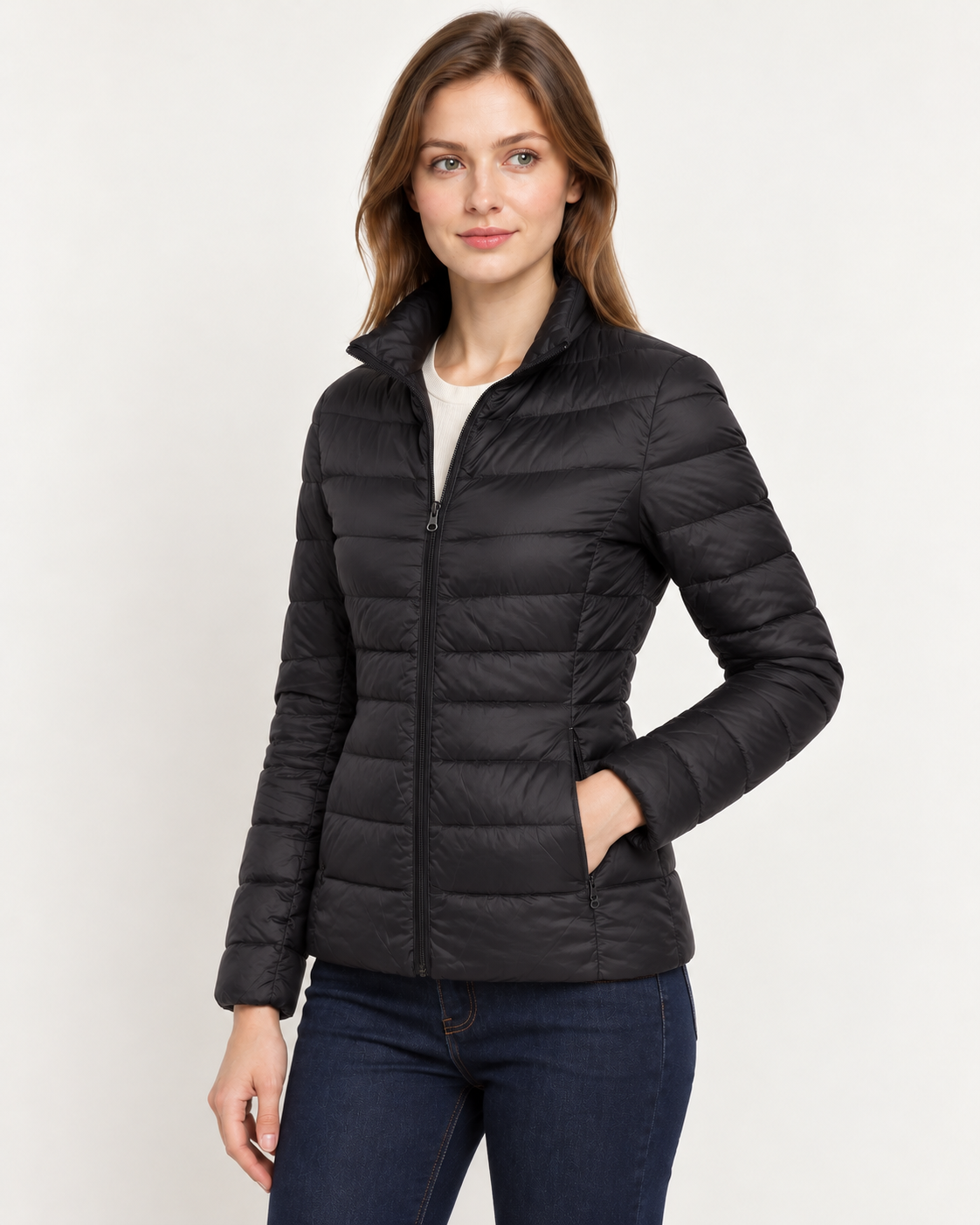 Women's Puffer Jacket - Fitted Quilted Stand Collar Lightweight Padded