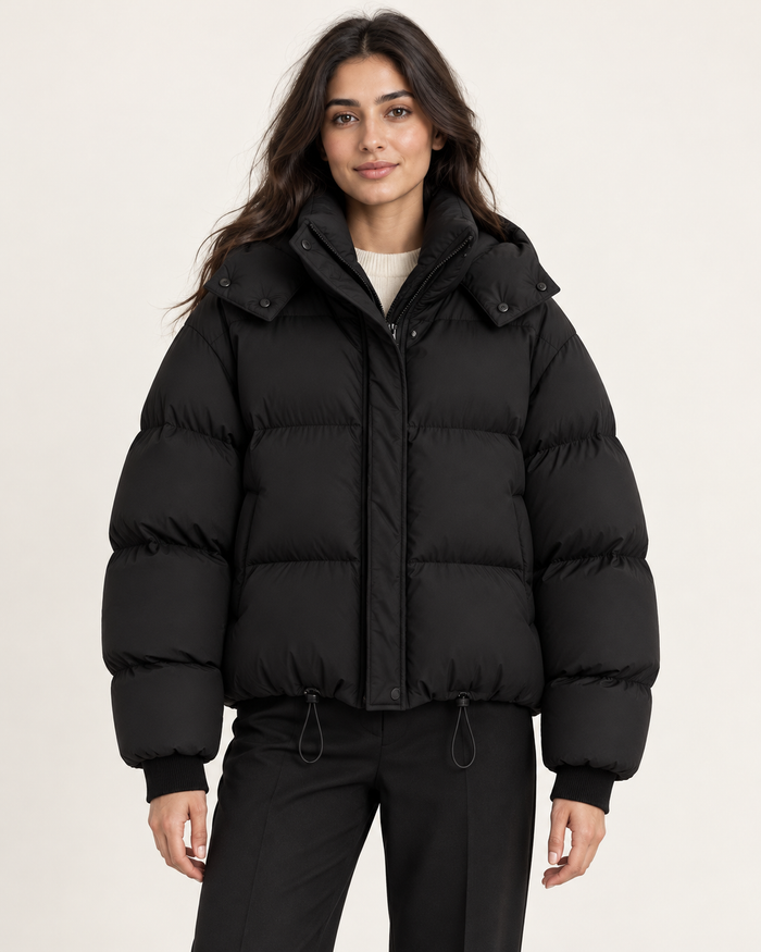 Women's puffer jacket in black, front view