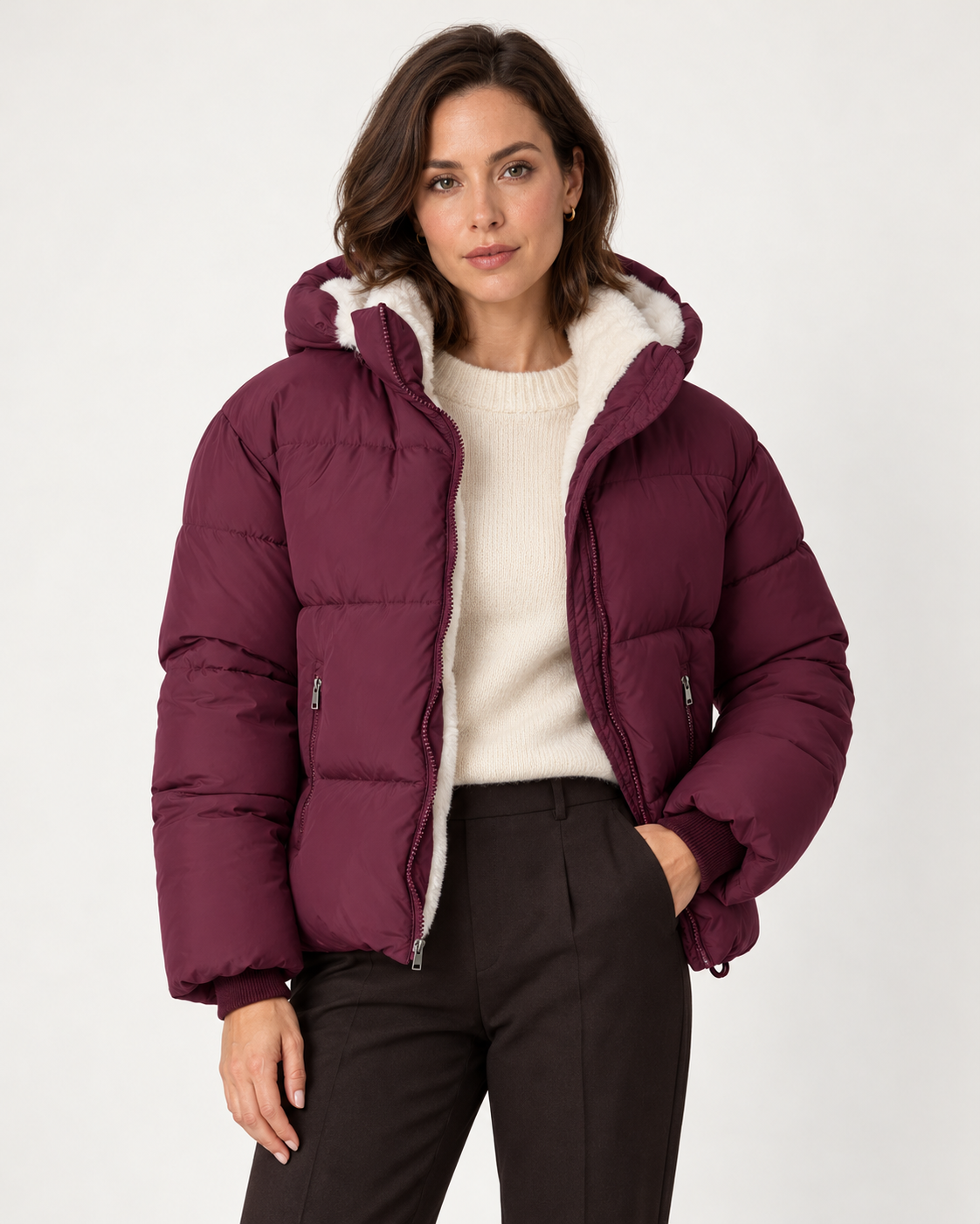 Women's short puffer jacket in Burgundy, front view on model