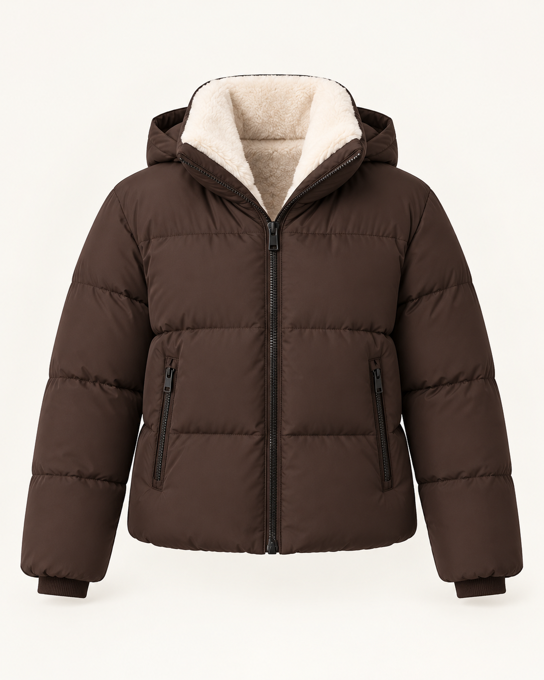 Women's short puffer jacket in Mocha, ghost mannequin front view