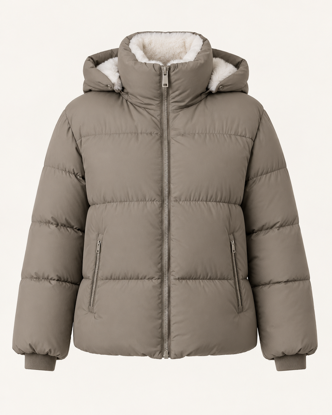 Women's short puffer jacket in Taupe, ghost mannequin front view