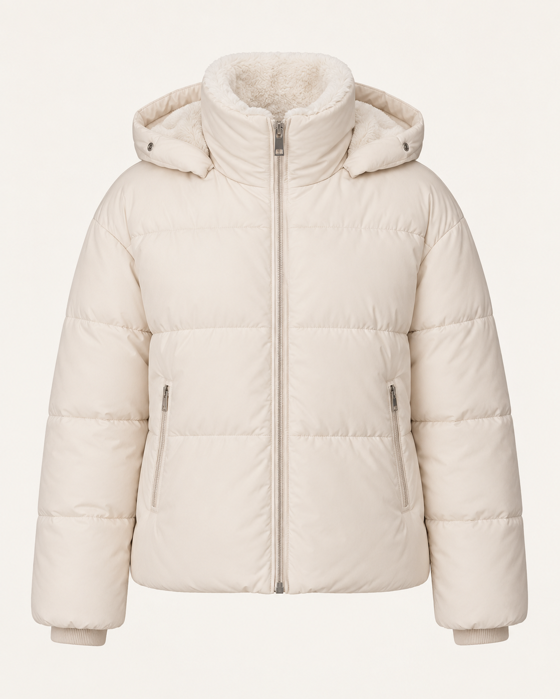Women's short puffer jacket in Cream, ghost mannequin front view