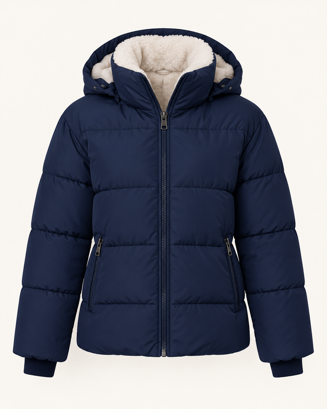 Women's short puffer jacket in Royal Blue, ghost mannequin front view