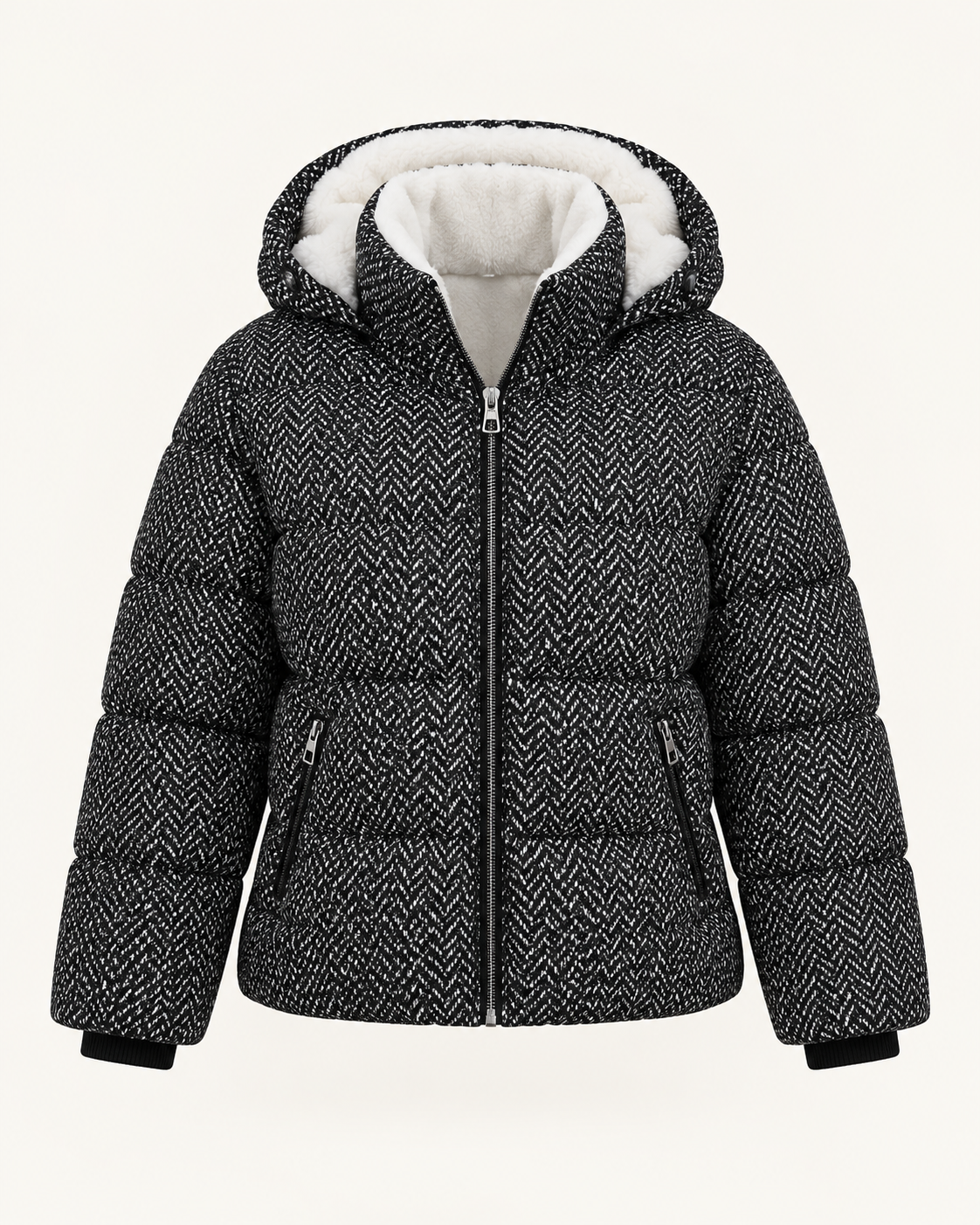 Women's short puffer jacket in Houndstooth, ghost mannequin front view