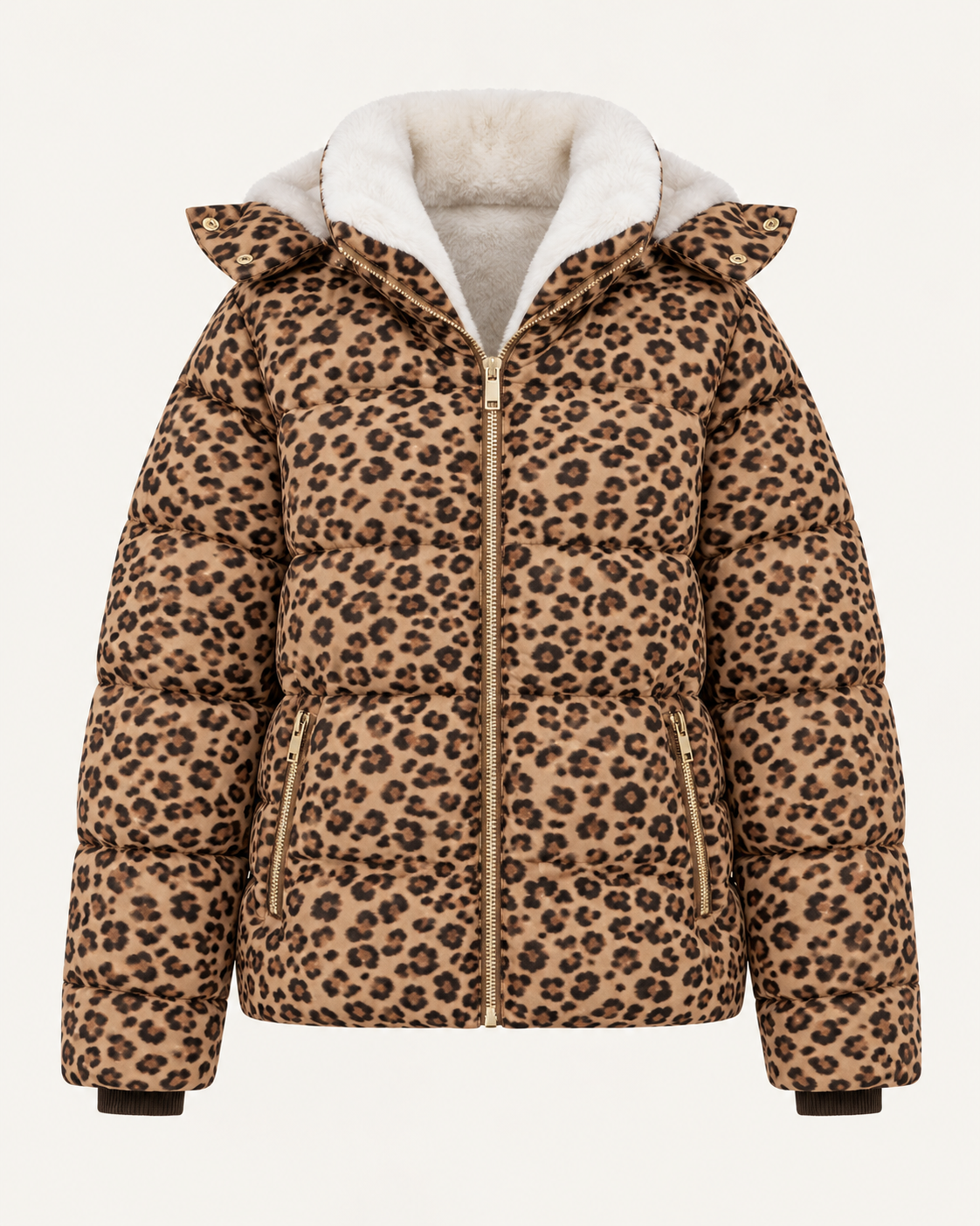 Women's short puffer jacket in Leopard, ghost mannequin front view