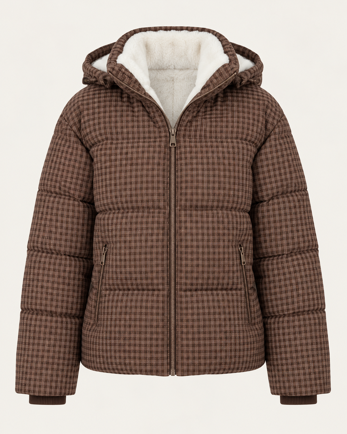 Women's short puffer jacket in Brown Check, ghost mannequin front view