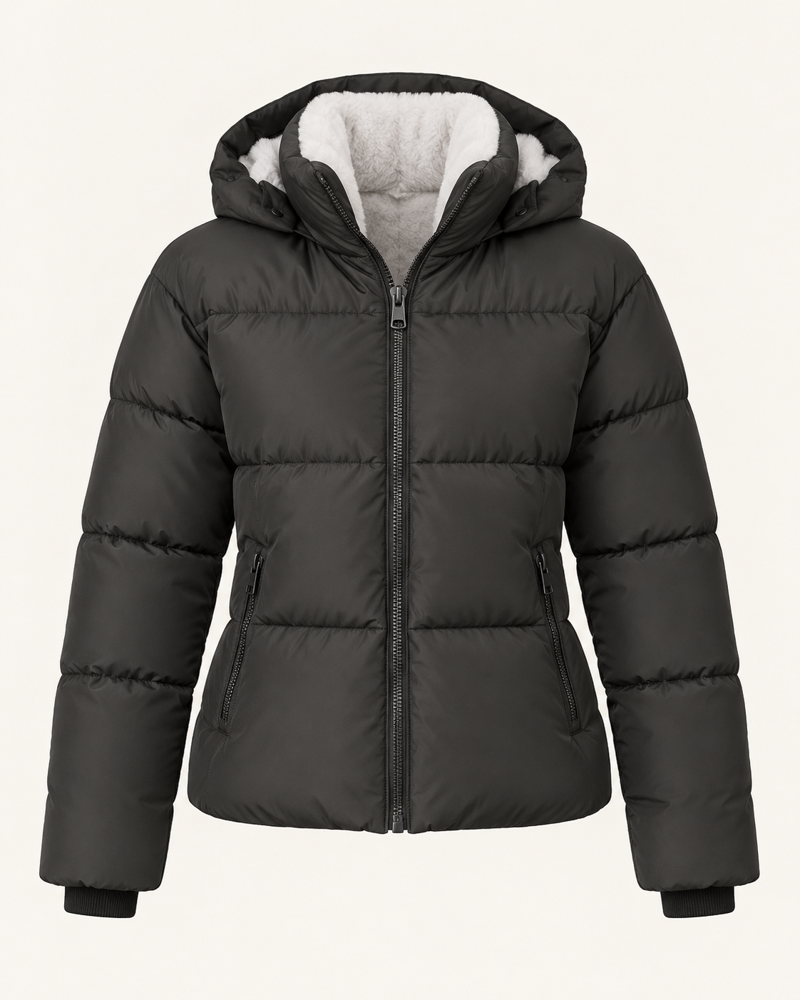 Women's short puffer jacket in Charcoal, ghost mannequin front view