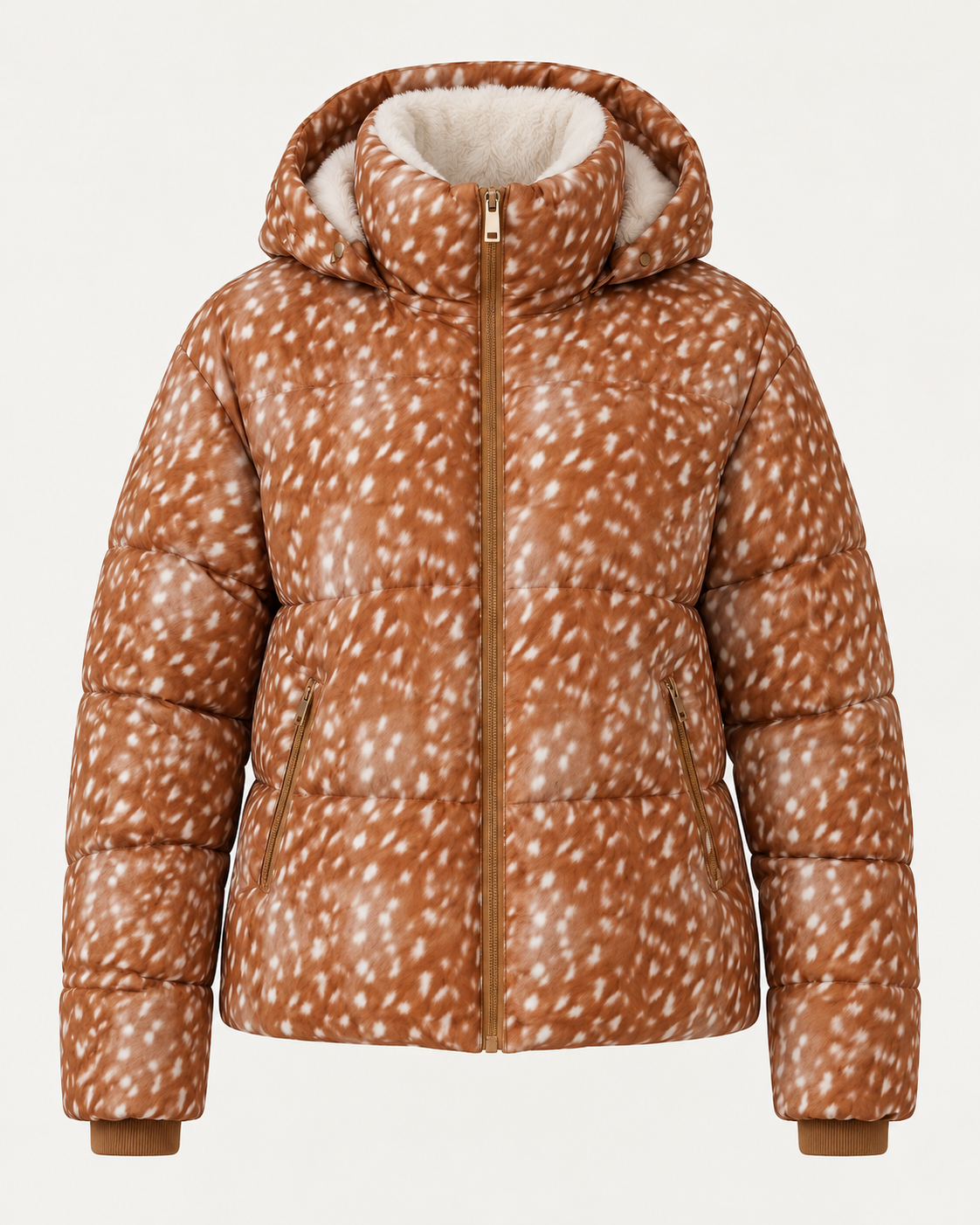 Women's short puffer jacket in Deer Print, ghost mannequin front view