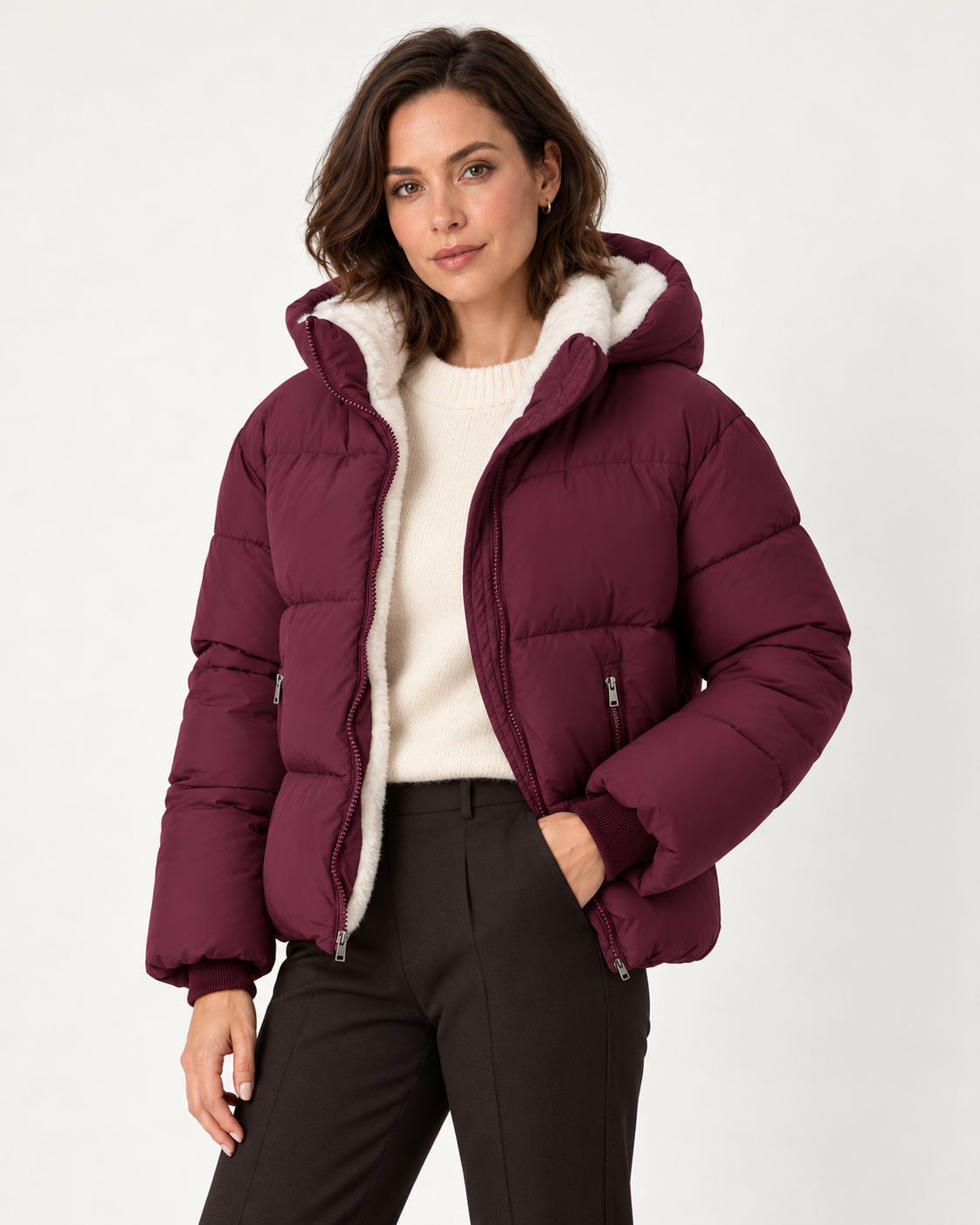 Women's short puffer jacket in Burgundy, three-quarter view