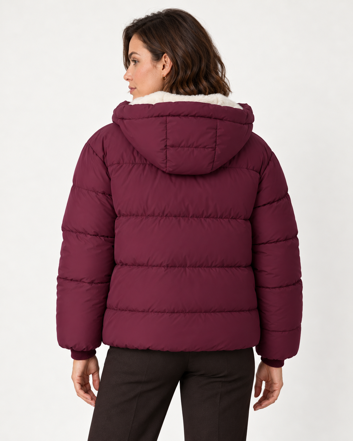 Women's short puffer jacket in Burgundy, back view