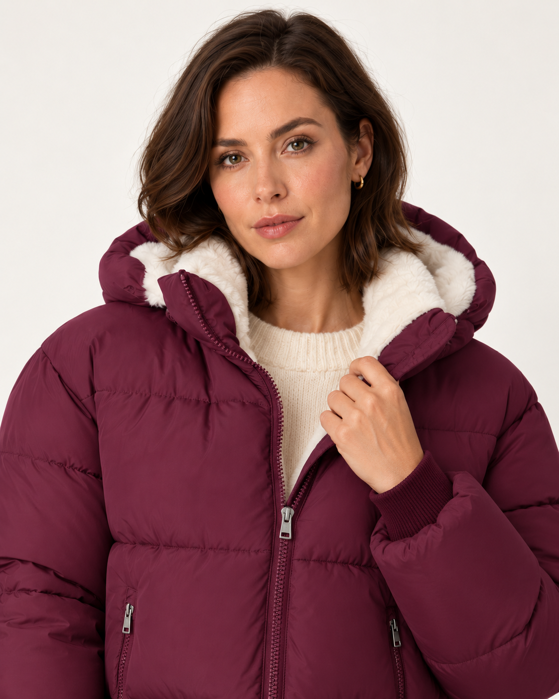 Women's short puffer jacket in Burgundy, chest-up close-up