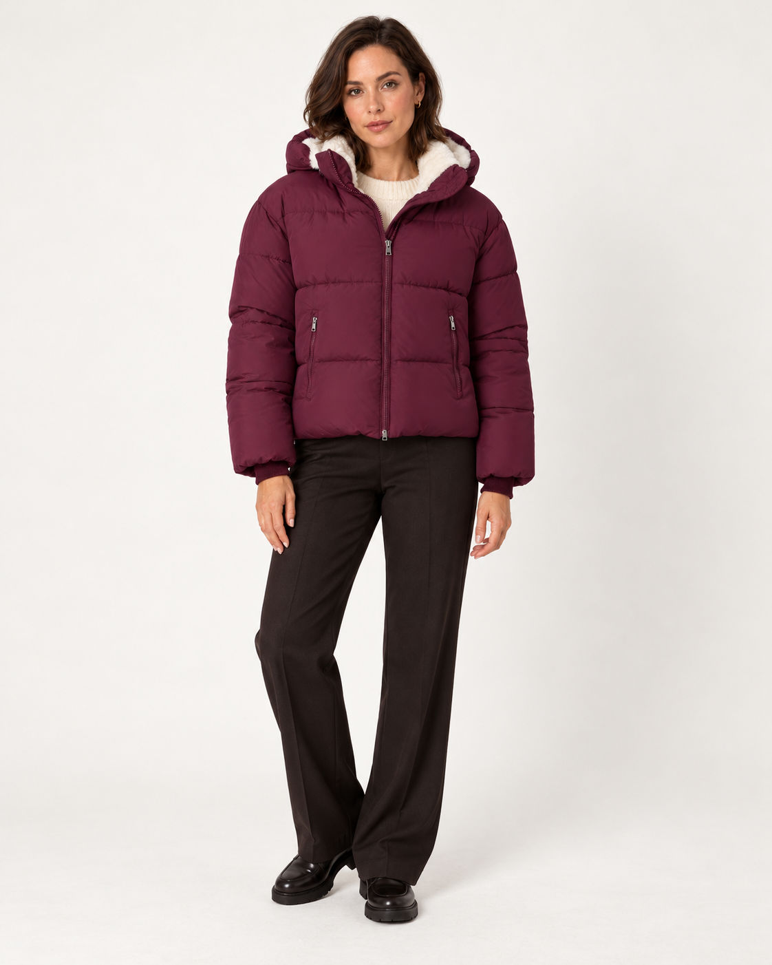 Women's short puffer jacket in Burgundy, styling shot