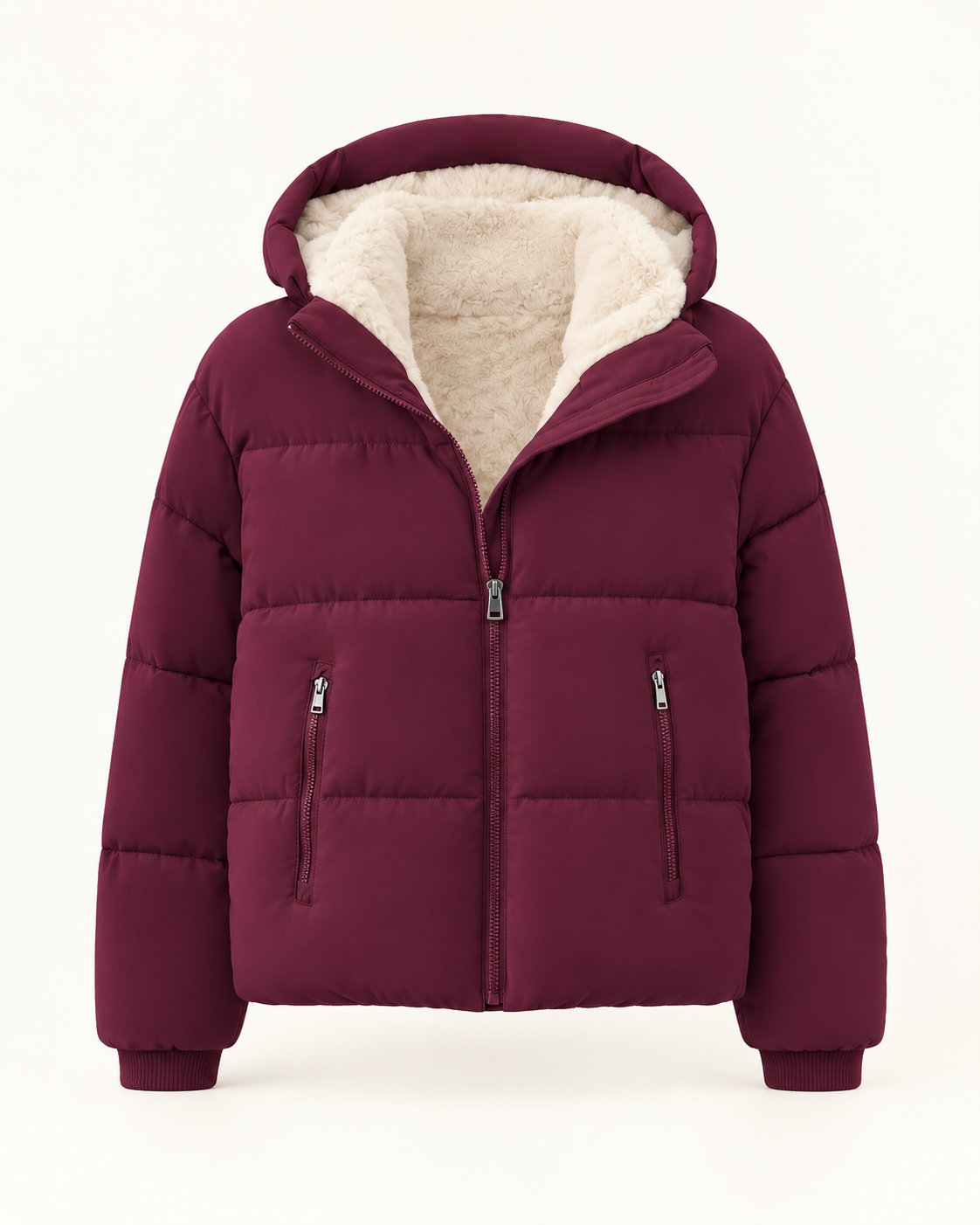 Women's short puffer jacket in Burgundy, ghost mannequin front view