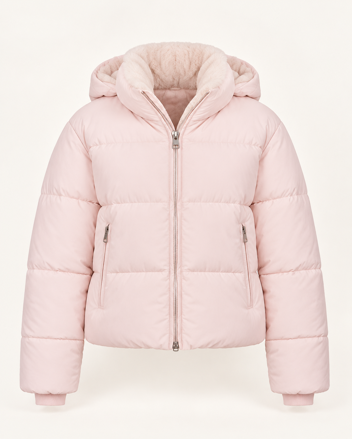 Women's short puffer jacket in Pale Pink, ghost mannequin front view