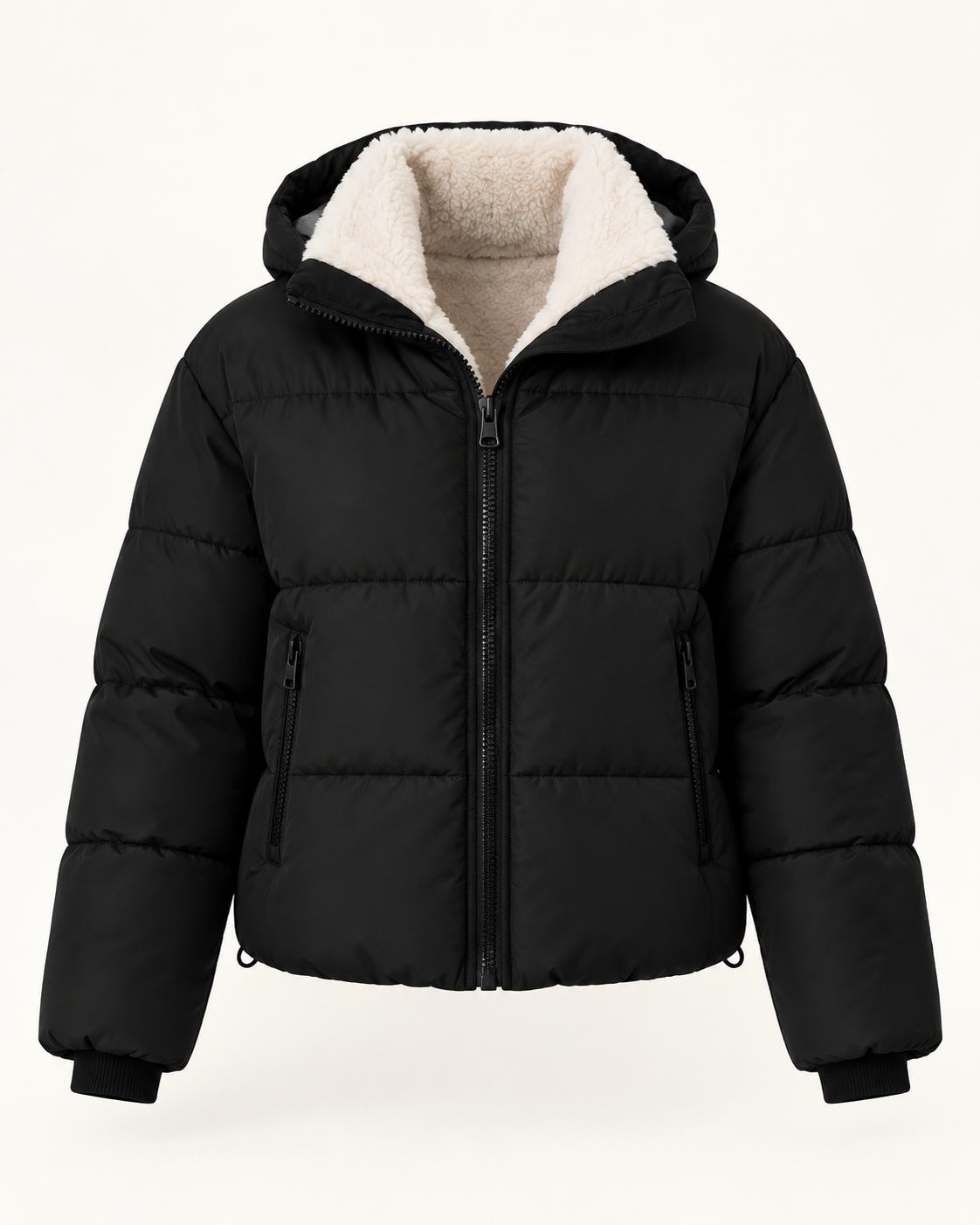 Women's short puffer jacket in Black, ghost mannequin front view