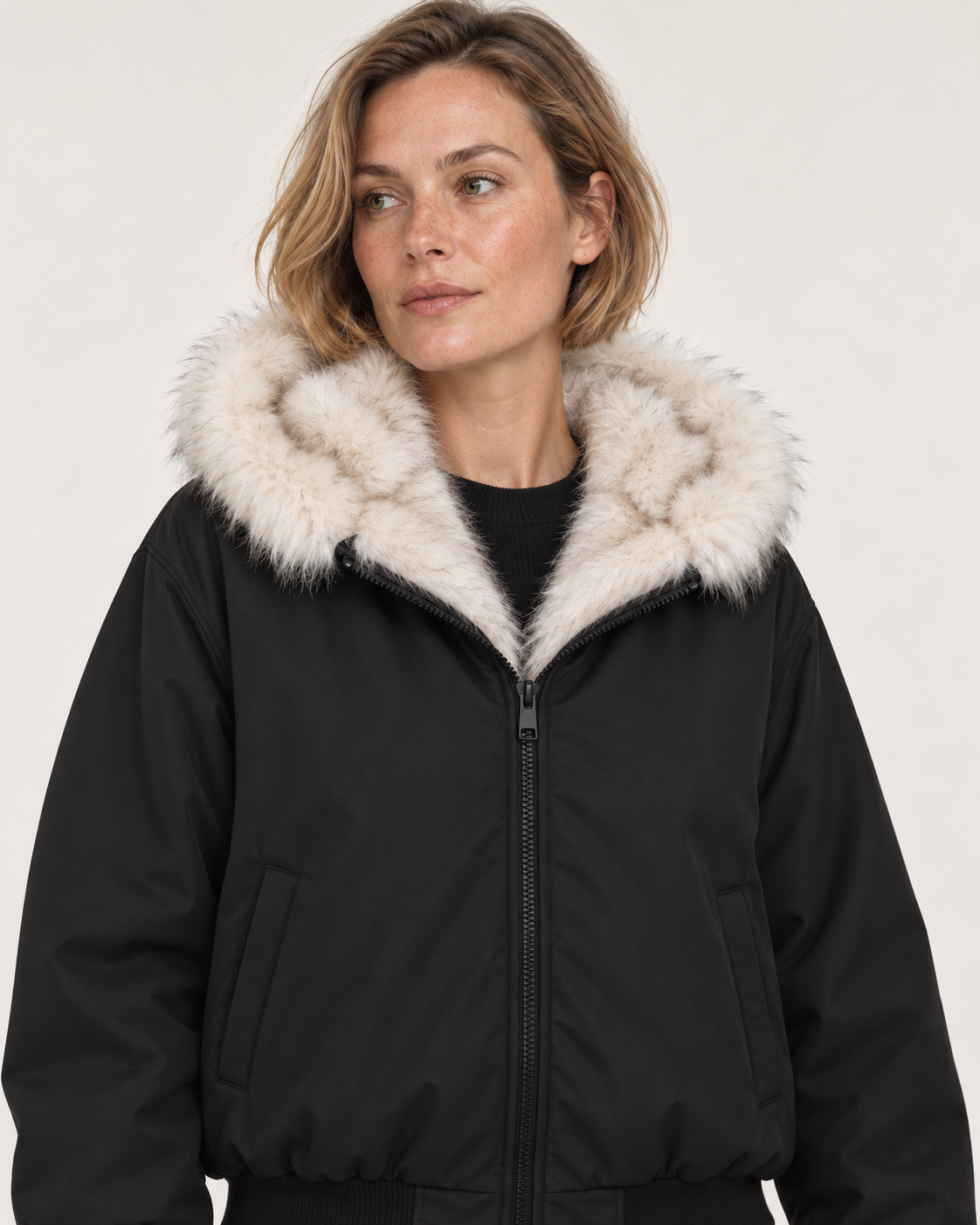 Women's faux fur lined bomber jacket in black, collar close-up
