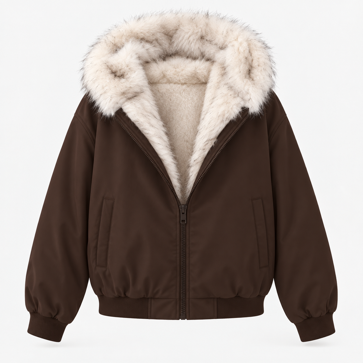 Women's faux fur lined bomber jacket in brown, product view