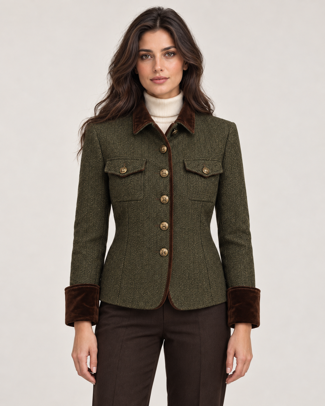 Women's Quilted Jacket - Herringbone Tweed Velvet Trim Flap Pockets