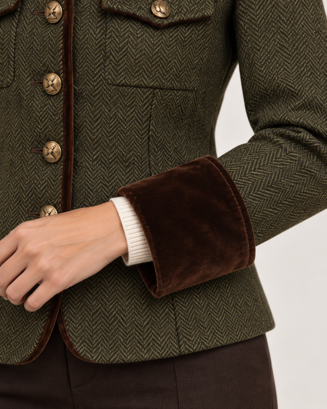 Women's Quilted Jacket - Herringbone Tweed Velvet Trim Flap Pockets