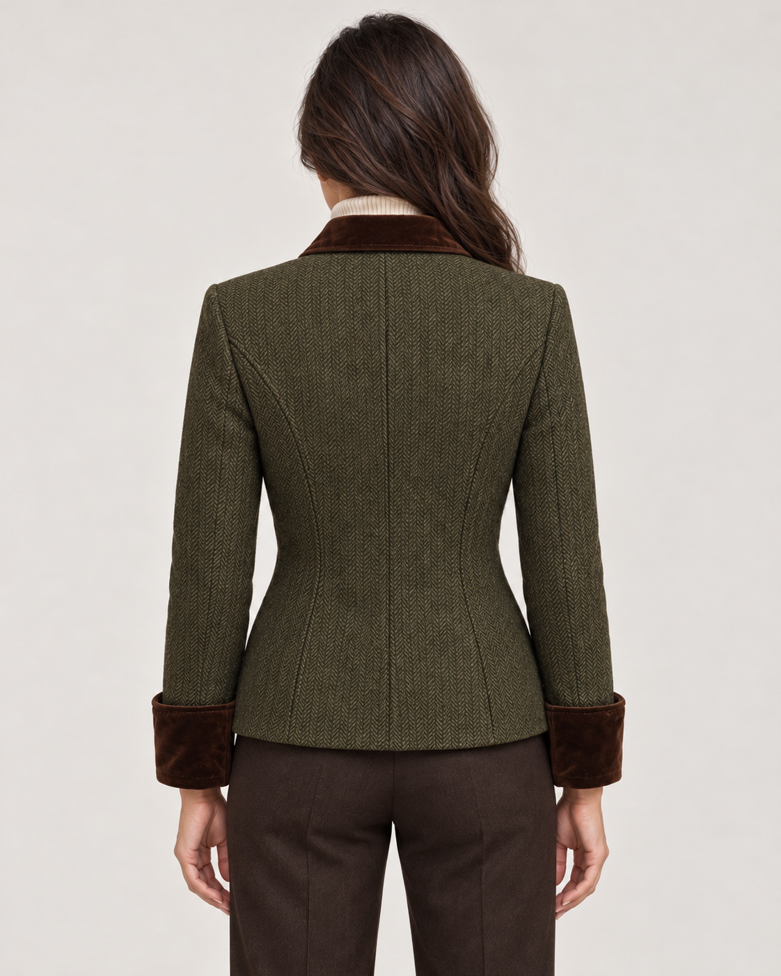 Women's Quilted Jacket - Herringbone Tweed Velvet Trim Flap Pockets