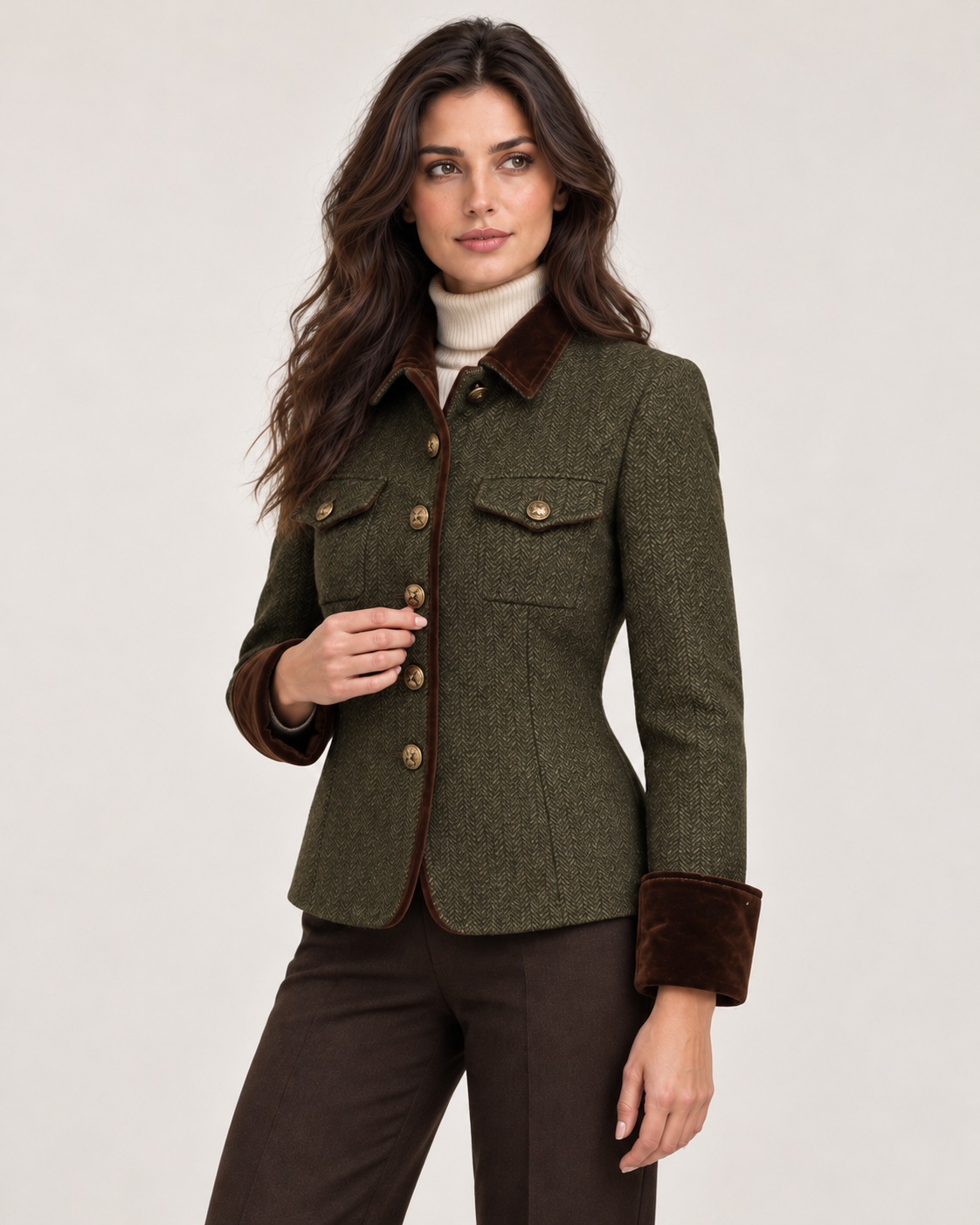 Women's Quilted Jacket - Herringbone Tweed Velvet Trim Flap Pockets