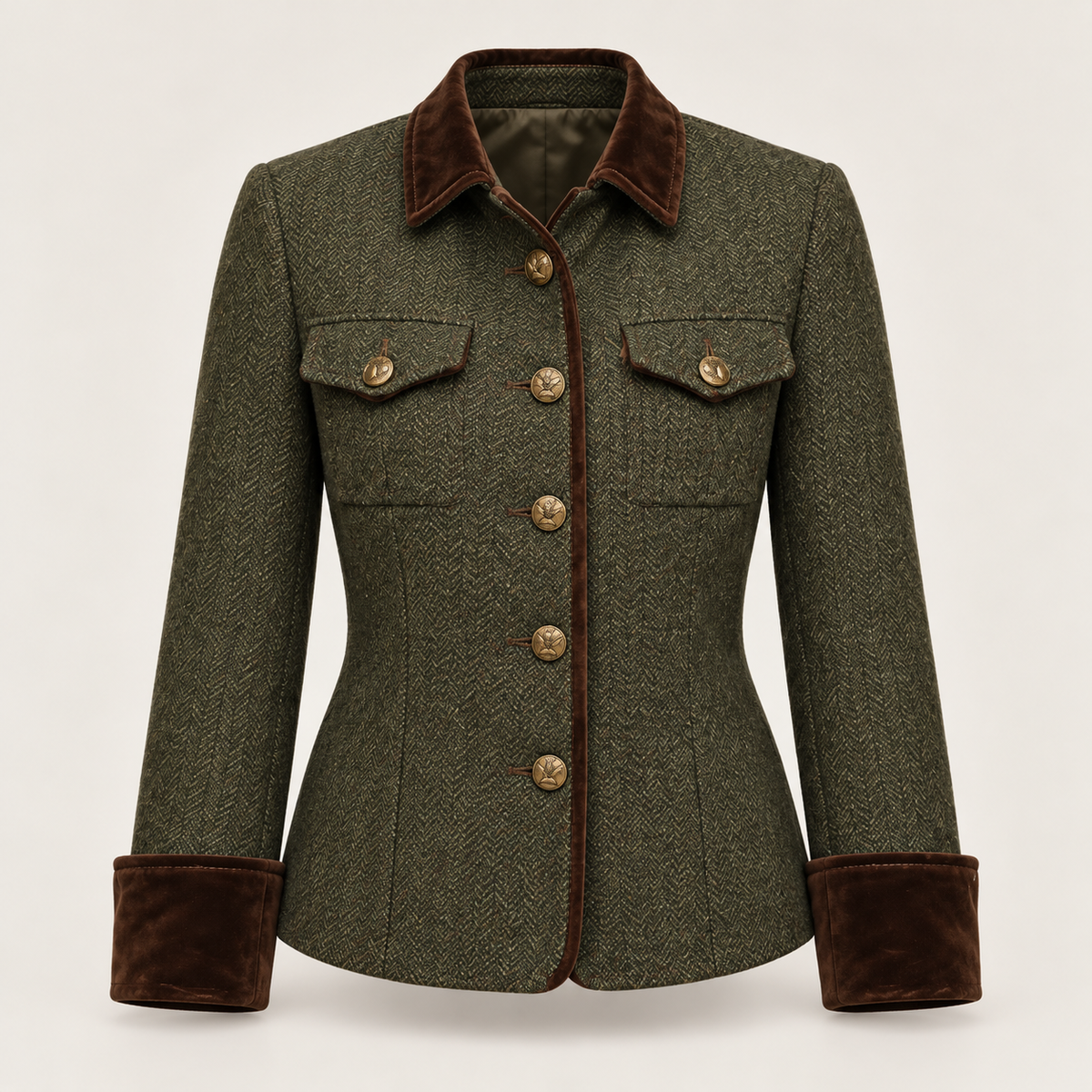 Women's Quilted Jacket - Herringbone Tweed Velvet Trim Flap Pockets