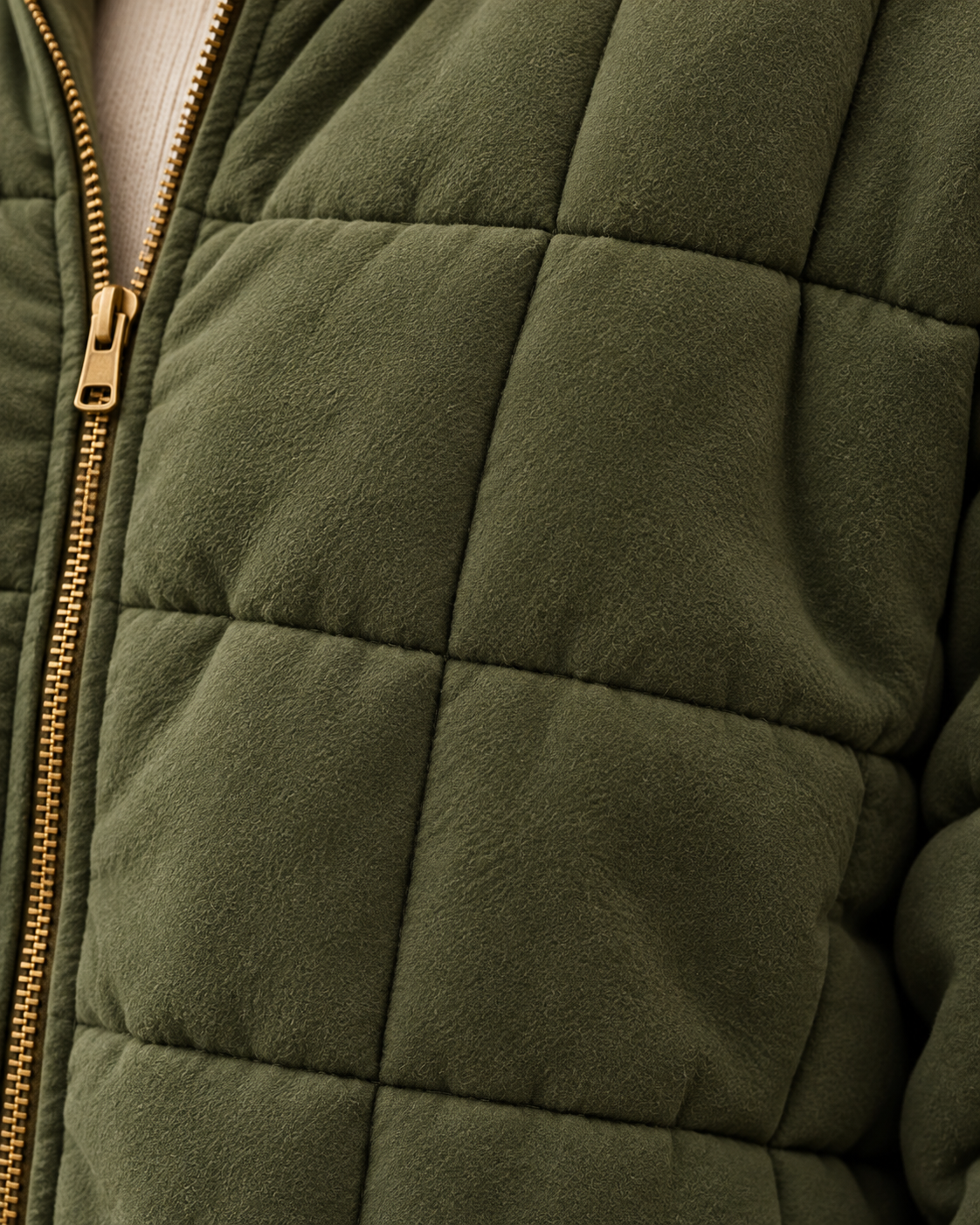 Women's quilted jacket in olive green, box quilting detail