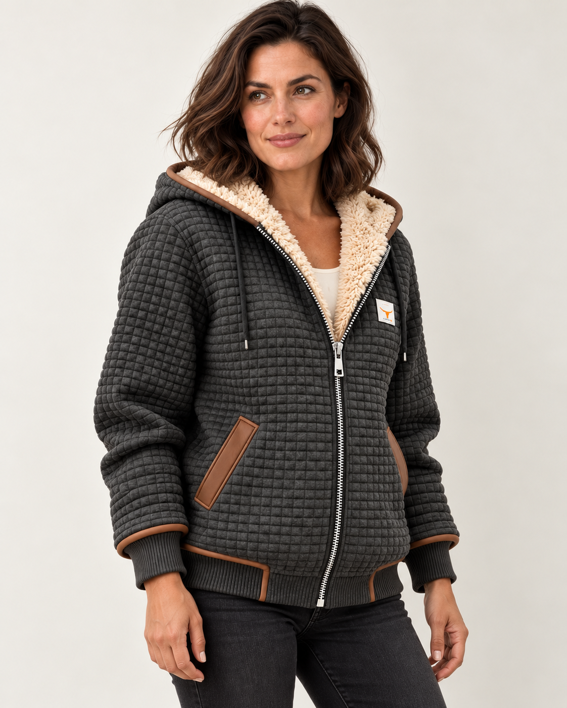 Women's Quilted Sherpa Jacket - Charcoal - three-quarter model